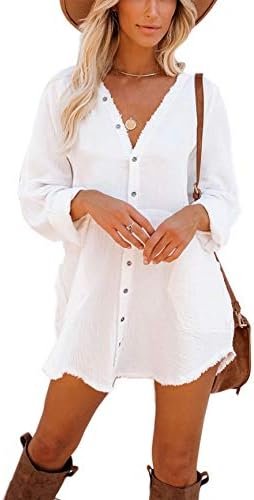 iGENJUN Women’s Long Sleeve Beach Cover-ups Button Down Oversized Tunic Dress Shirt Boho Dresses with Pockets
