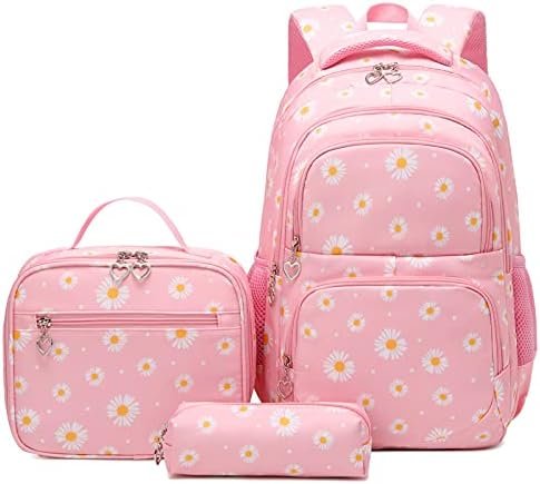 goldwheat Daisy Printed Backpacks With Lunch Pack Pencil Case 3pcs, Water Resistant Lightweight Bookbag For Middle School