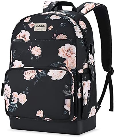 MOSISO 15.6-16 inch Laptop Backpack for Women, Polyester Anti-Theft Stylish Casual Daypack Bag with Luggage Strap & USB Charging Port, Camellia Travel Backpack, Black