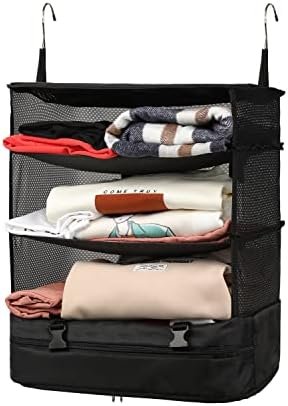 ELEZAY Hanging Packing Cubes Portable Closet Shelves Travel Collapsible Compression Garment Organizer for Carry-on Luggage Suitcase with Breathable Perforated Material X-Large_17.1*11.8*24.4 IN, Black