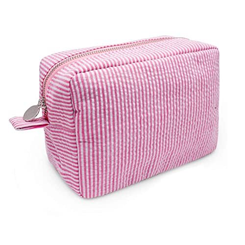 GFU Cosmetic Bag for Women, Large Makeup Bag, Travel Toiletry Stripe Cosmetic Bag, Seersucker Women Aesthetic Organizer Storage Pouch, Girls Handbags Purses (Pink)