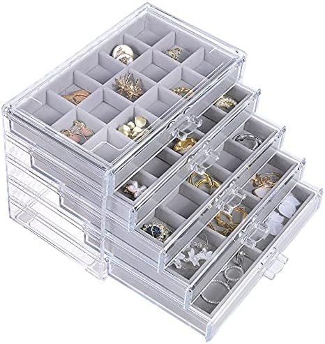 misaya Earring Jewelry Organizer with 5 Drawers, Birthday and Mother’s Day Gift, Clear Acrylic Jewelry Box for Women, Velvet Earring Display Holder for Earrings Ring Bracelet Necklace, Gray