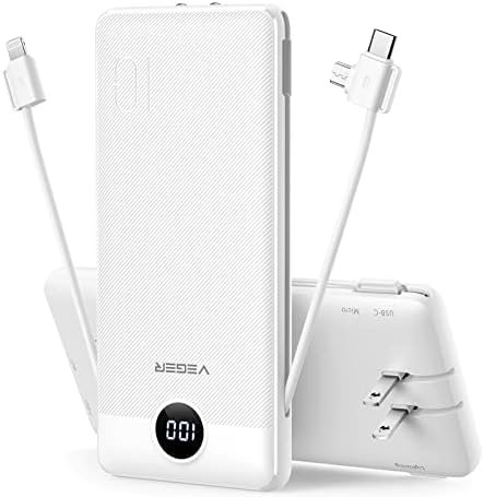 VEGER Portable Charger for iPhone Built in Cables Fast Charging USB C Slim 10000 Power Bank, Wall Plug USB Battery Pack for iPhones, iPad, Samsung More Phones Tablets (White)