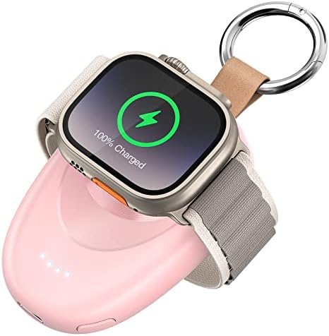 GagaKing Portable Charger for Apple Watch, 1400mAh iWatch Charger Wireless Fast Charging Power Bank, Magnetic Travel Car Keychain Charger for Apple Watch Series 8/7/6/5/4/3/2/SE/Ultra, Pink