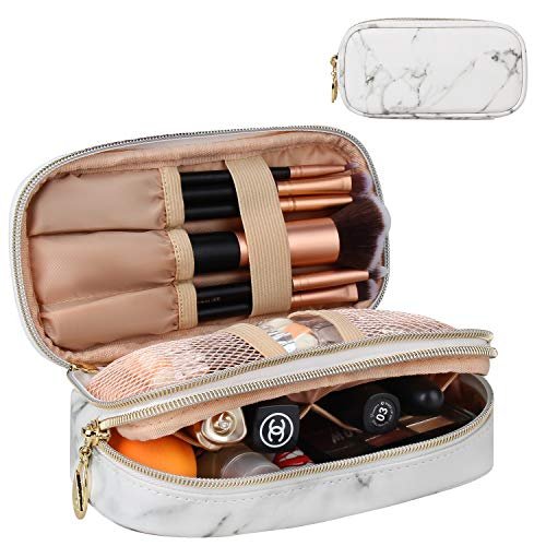 Relavel Makeup Bag Small Travel Cosmetic Bag for Women Girls Makeup Brushes Bag Portable 2 Layer Large Capacity Cosmetic Case Brush Storage Organizer (Marble White)