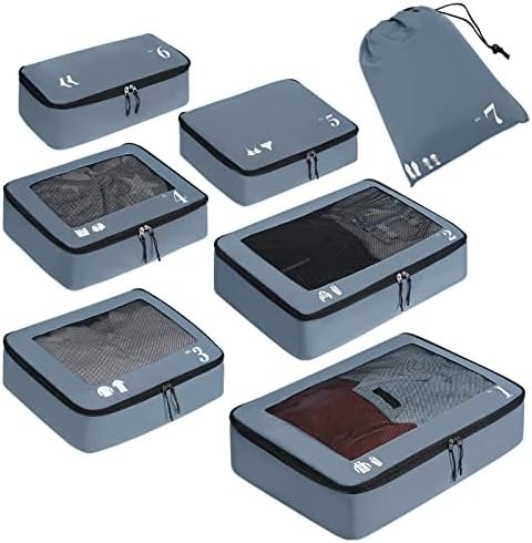 ECOHUB 7 Set Packing Cubes Tear-Resistant Luggage Packing Organizers with Number Icon for Travel Accessories Luggage Suitcase Machine Washable Packing Cubes (Grey)