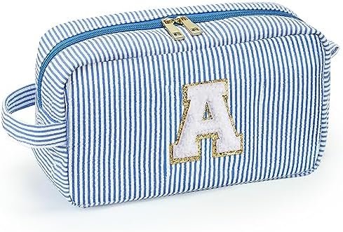 YOOLIFE Small Travel Makeup Bag – Personalized Initial Cute Blue Makeup Case Bag Organizer Cosmetic Bag Make Up Bags Toiletry Pouch Gift for Women Her Birthday Friend Female Mom Teacher Bridesmaids A