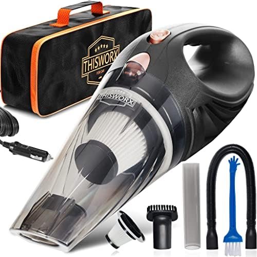 ThisWorx Car Vacuum Cleaner – Car Accessories – Small 12V High Power Handheld Portable Car Vacuum w/Attachments, 16 Ft Cord & Bag – Detailing Kit Essentials for Travel, RV Camper