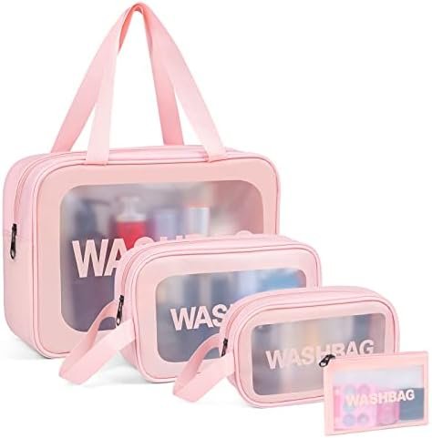 YuanCheng Upgrade Travel Toiletry Bags for Women, Pack-4 Different Size Make Up Bags with Handle, Large Capacity Translucent Waterproof Travel Cosmetic Bags (Comestic Bag-Pink)