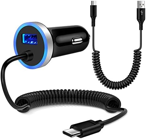 Android Car Charger Type C Cigarette Lighter Adapter with USB C Coiled Fast Charging Cable for Samsung Galaxy A24/A34/A14 5G/A54/A53 5G/A23/A13/A03S/Z Flip4/Z Fold4/A12/A32/A52/A51/S23/S22/S21/S20/S10