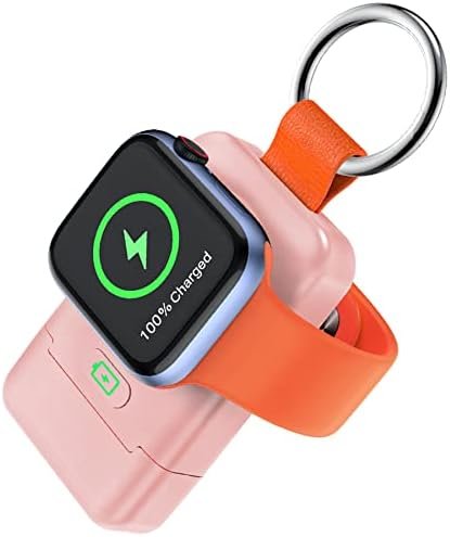 Portable Wireless Charger for Apple Watch,HUOTO Upgraded iWatch Charger 1400mAh Smart Keychain Power Bank,Portable Magnetic iWatch Charger for Apple Watch Series 8/UItra/7/6/SE/5/4/3/2/1 (Pink)