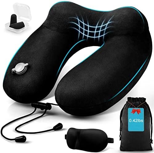 urophylla Inflatable Travel Pillows for Airplanes, 100% Soft-Velvet Inflatable Neck Pillows for Travel – 3D Contoured Eye Masks, Blow Up Pillow for Traveling, Trains, Cars, Travel Accessories(Black)