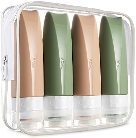 Mrsdry Travel Bottles for Toiletries with Clear Toiletry Bag, Tsa Approved Travel Size 80ml Containers BPA Free Leak Proof Travel Tubes Refillable Liquid Travel Accessories (4 Pack) (Green)