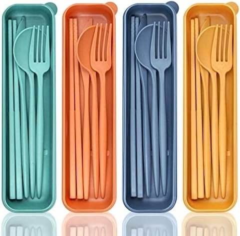Reusable Travel Utensils with Case, 4 Sets Wheat Straw Portable Cutlery Set Chopsticks Knives Fork and Spoon Set for Lunch Box Accessories, Camping Utensil Set Flatware Sets for Daily Use or Outdoor