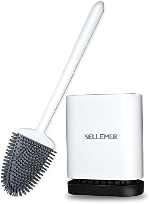 Sellemer Toilet Brush and Holder Set for Bathroom, Flexible Toilet Bowl Brush Head with Silicone Bristles, Compact Size for Storage and Organization, Ventilation Slots Base (1 Pack, White)